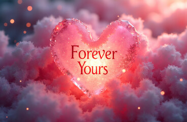 Forever yours - romantic heart with text surrounded by dreamy pink clouds