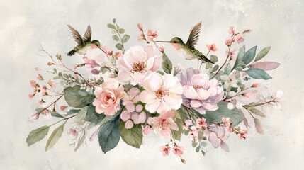 Fototapeta premium Airy watercolor floral composition with hovering hummingbirds among pale blooms