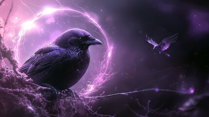 A dark raven is perched on a branch, surrounded by a glowing energy circle and a second raven in flight, all in a fantasy setting with purple lighting.