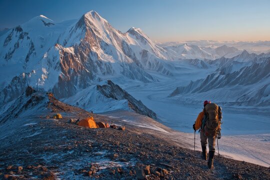 Alpine climber ascending toward a remote basecamp with jagged peaks and winter light