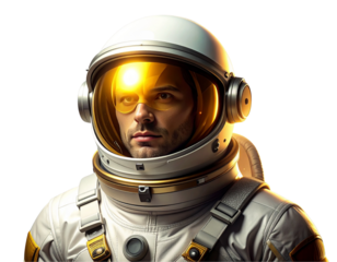 Dynamic Tilted Astronaut Spinning Gently with Shimmering Gold Visor Glow, Minimal Futuristic Style, isolated on transparent background PNG