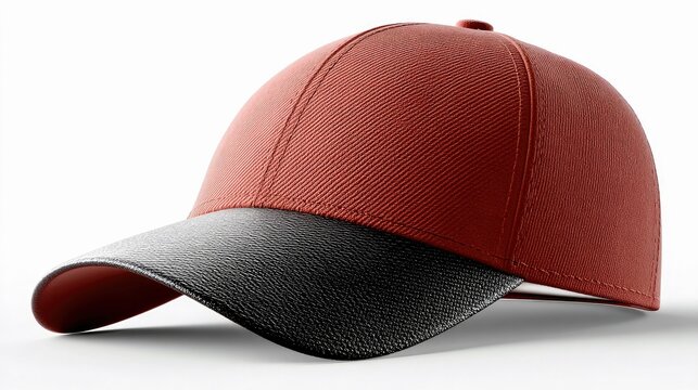 A studio shot of a red and black baseball cap on a white background. The cap is angled to the left, showing the brim and the crown.