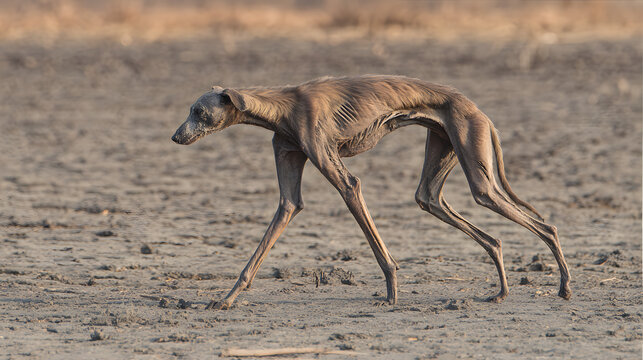 emaciated. A thin stray dog wandering on barren land with visible ribcage under natural light. wildlife magazines, conservation campaigns, designed for eco-tourism storytelling.
