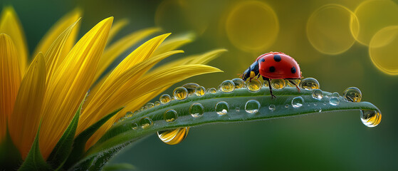 AI generator image of A seven-spot ladybug sits on a dew-covered blade of grass, with a yellow sunflower in the background, beauty of nature with a ladybug perched on a green leaf with many tiny water