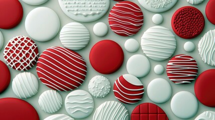 An abstract pattern of red and white decorated circles. Various sizes and designs are arranged in a repeating pattern.