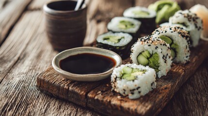 Assorted maki sushi on a rustic platter with avocado, cucumber and sesame topping