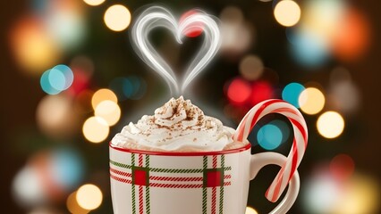 Festive hot chocolate with candy cane and heart shaped steam for a cozy christmas celebration