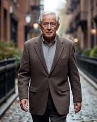 Elderly man wearing a brown blazer walking on a cobblestone street in an urban setting with blurred background buildings