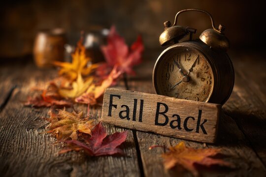 Autumn daylight saving time still life: weathered wood, alarm clock, and a fall back sign
