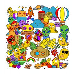 Fototapeta premium A vibrant vector illustration featuring a playful alien drifting in a hot-air balloon, surrounded by a whimsical mix of elements including robotic birds, a soaring rocket, floating leaves, 
