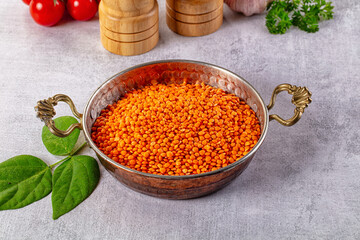 Raw dry red lentil in the bowl