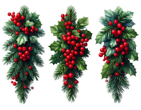 Festive garland with evergreen branches and red berries isolated on transparent background PNG