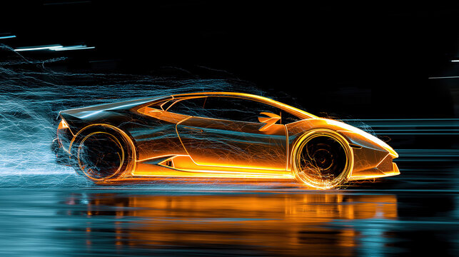 Metallic Texture Futuristic Sports Car High-Speed Driving, Orange-Yellow Blue-Black Gloss Light Trails, Tech Atmosphere Visual Material
