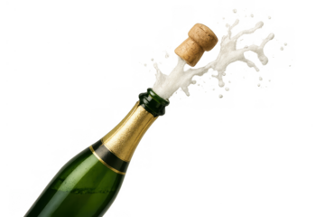 Champagne bottle cork popping with sparkling wine splashing, symbolizing celebration, success, and special occasions on a transparent background