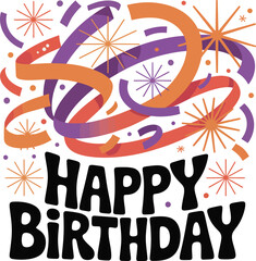 Abstract, swirling design with "Happy Birthday" in bold typography, featuring purple and orange ribbons and confetti for a dynamic celebration.