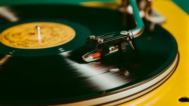 Retro inspired close up of spinning vinyl record on turntable with visible needle and warm bokeh lights delivering nostalgic music themed footage for party memories lifestyle and vintage.