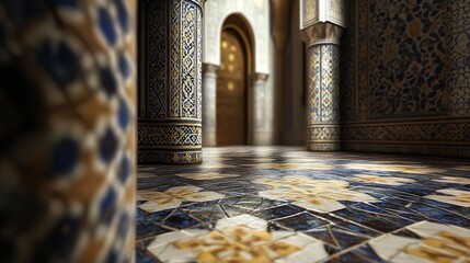 Intricate hallway interior featuring detailed mosaic tile floor and ornate carved pillars in a traditional moorish architectural style