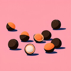 Macadamia nuts, chocolate coating, cracked shells on pink background
