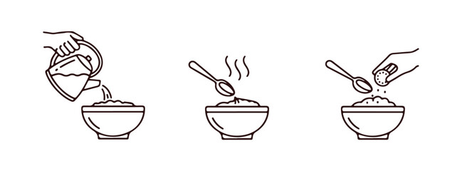 Preparation of porridge, oatmeal, or puree using dry flakes. A silhouette icon designed for food packaging. Pour boiling water, let it steep, and mix in ingredients for taste. Three-step guide.