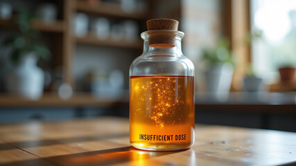 Amber glass medicine bottle with insufficient dose label in kitchen light