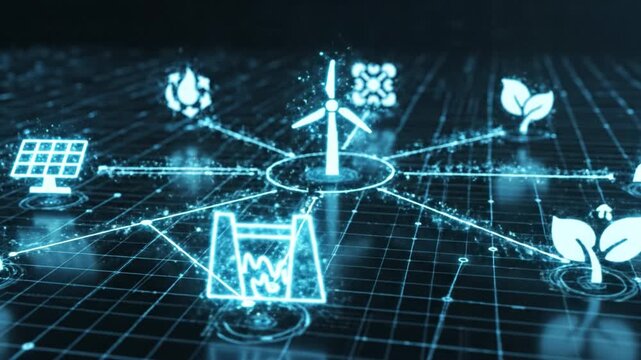 Renewable energy digital technology featuring glowing wind turbine, solar panel, and eco friendly icons on futuristic grid background symbolizing sustainable power innovation and green energy - Powered by Adobe