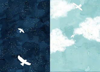 blue sky with clouds and galaxy watercolor illustration