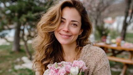 Smiling woman holding flowers outdoors in a sunny garden during springtime