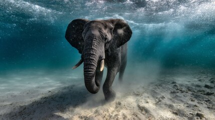 An elephant dives into the ocean, enjoying a refreshing swim beneath the surface. Sunlight filters through the water, highlighting this amazing moment in nature