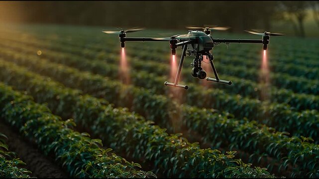 Agricultural drone spraying crops at sunrise over neatly planted field, showcasing smart farming and precision agriculture technology