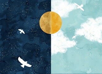 The dance of light and shadow - sun and moon illustration - day and night watercolor illustration