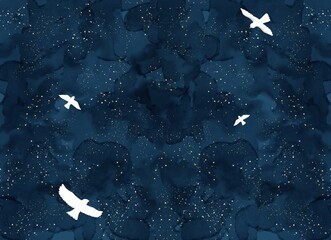 abstract blue background with birds - watercolor background