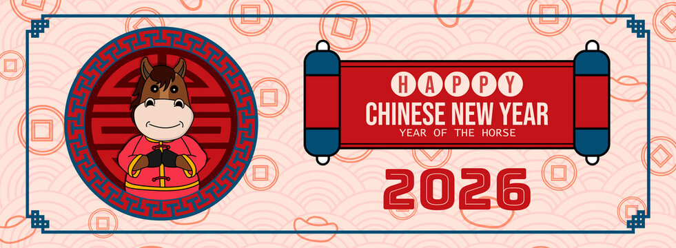 Lunar New Year 2026, Year of the Horse. Horizontal cartoon banner featuring a cute horse mascot inside a longevity pattern and a greeting scroll. Great for social media headers, and websites.