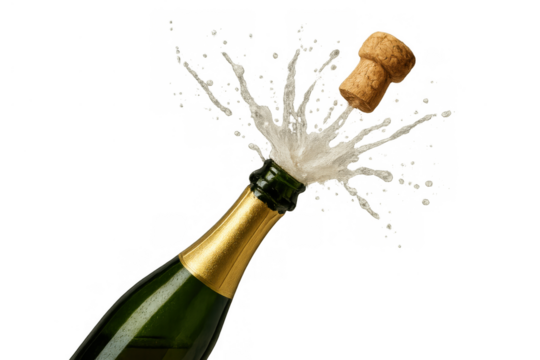 Champagne bottle popping cork with sparkling wine liquid splashing, celebrating a festive moment on transparent background