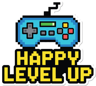 Gaming-themed "Happy Level Up" design with a retro video game controller, perfect for celebrating a gamer's birthday or milestone.