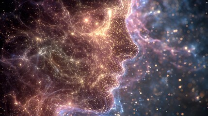 Human silhouette merging galaxies glowing neurons forming cosmic web consciousness connected to universe abstract cosmology concept
