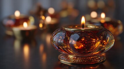 Close up of glowing tealight candles in decorative amber glass holders with soft bokeh background