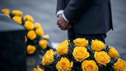Man in suit standing near a casket adorned with yellow roses at a funeral service or memorial event