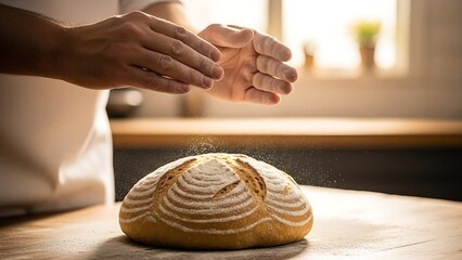 Baker's hands gently sprinkling flour over a freshly baked artisan sourdough loaf on a rustic wooden table in a sunlit kitchen.