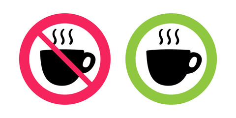 Coffee Permission Signs. Minimal red prohibited and green allowed coffee symbols for health blogs and nutrition guides.