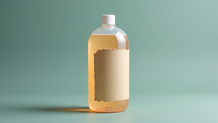 Amber liquid medicine in bottle with blank label on soft neutral background