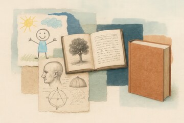 Conceptual illustration blending learning elements with hand drawn aesthetics showcasing a child's drawing alongside educational visuals exploring creativity and knowledge acquisition