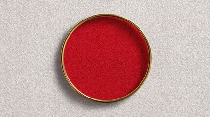A textured red circle framed by a gold rim on a textured light gray background