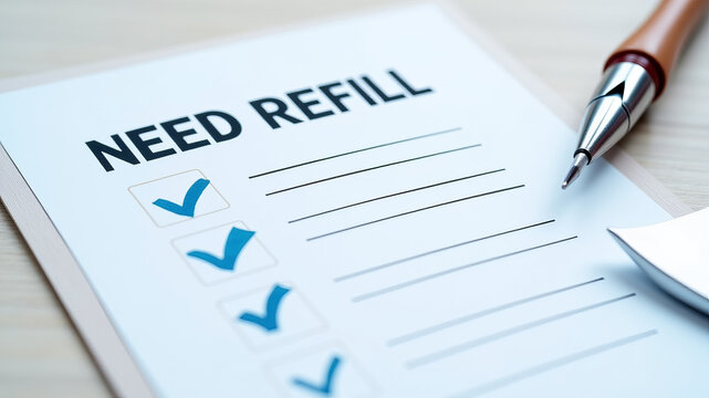 Checklist paper with need refill message on clipboard and pen beside