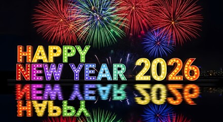 Happy new year 2026 celebration with fireworks and reflections at night