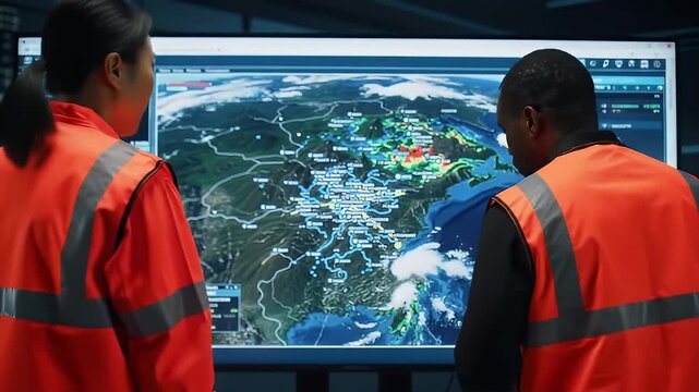 Professional team of dispatchers monitoring a weather forecast map on a digital screen in a control room