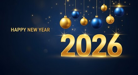 Elegant 2026 new year design with gold numbers and baubles on blue