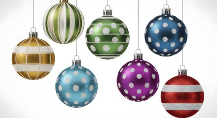 Vintage christmas ornaments hanging against white background for holiday decoration