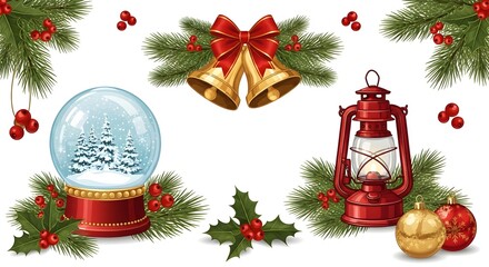 Festive christmas holiday still life with snow globe and lantern