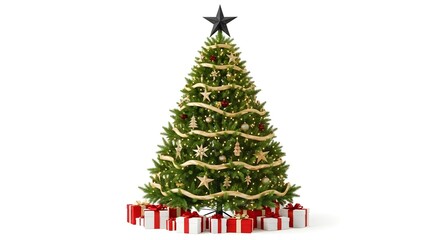 Christmas tree decorated with gold garland and presents on a white background