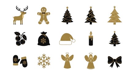 Festive christmas icons hand drawn holiday elements in gold and black